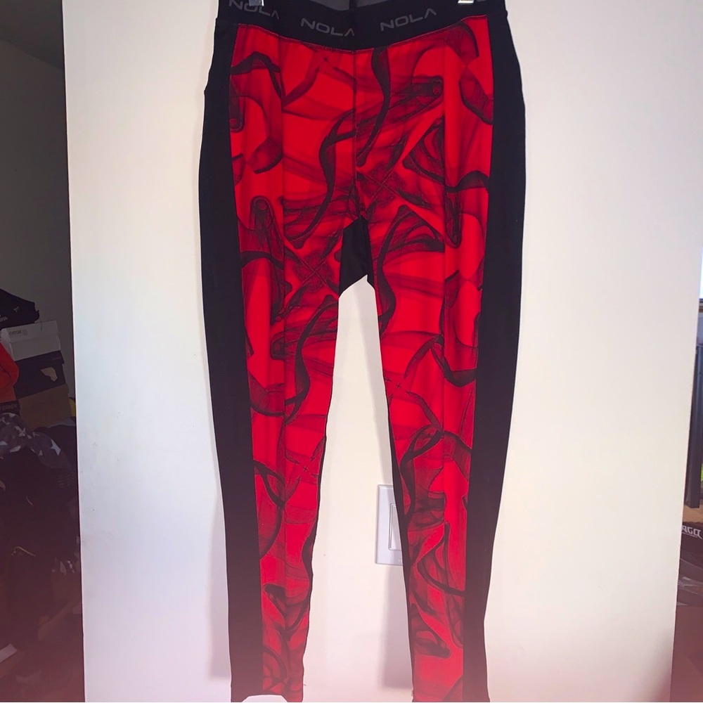 NOLA Elastic Logo Leggings Size 1X Red & Black Smoke Design
